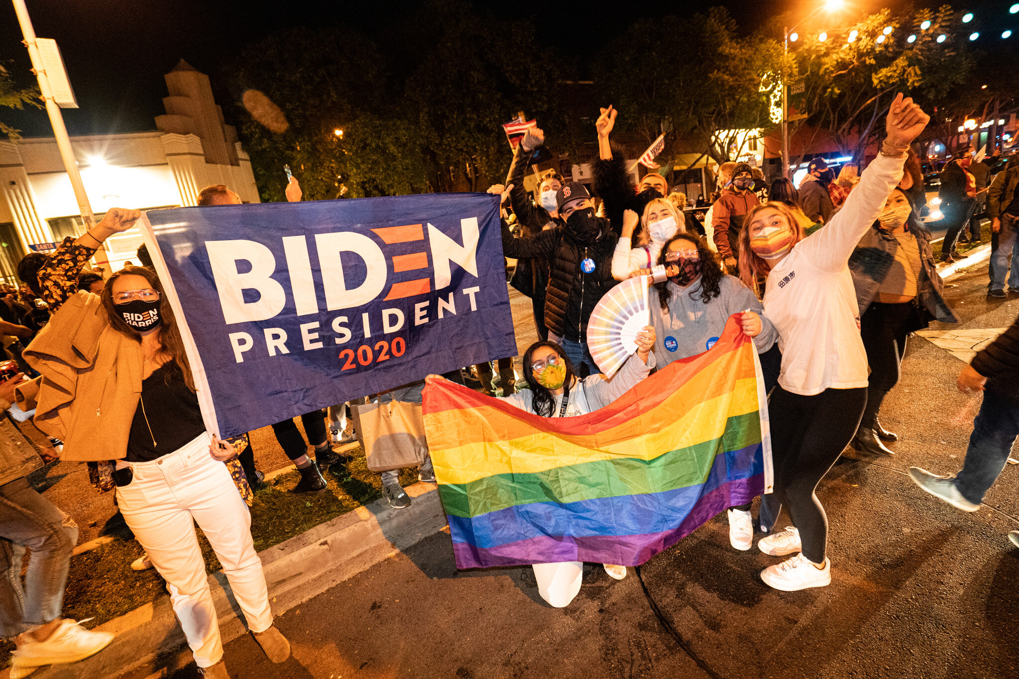  Angelenos take to the streets in West Hollywood, California, to celebrate the 2020 Presidential Election Results on November 7, 2020. 