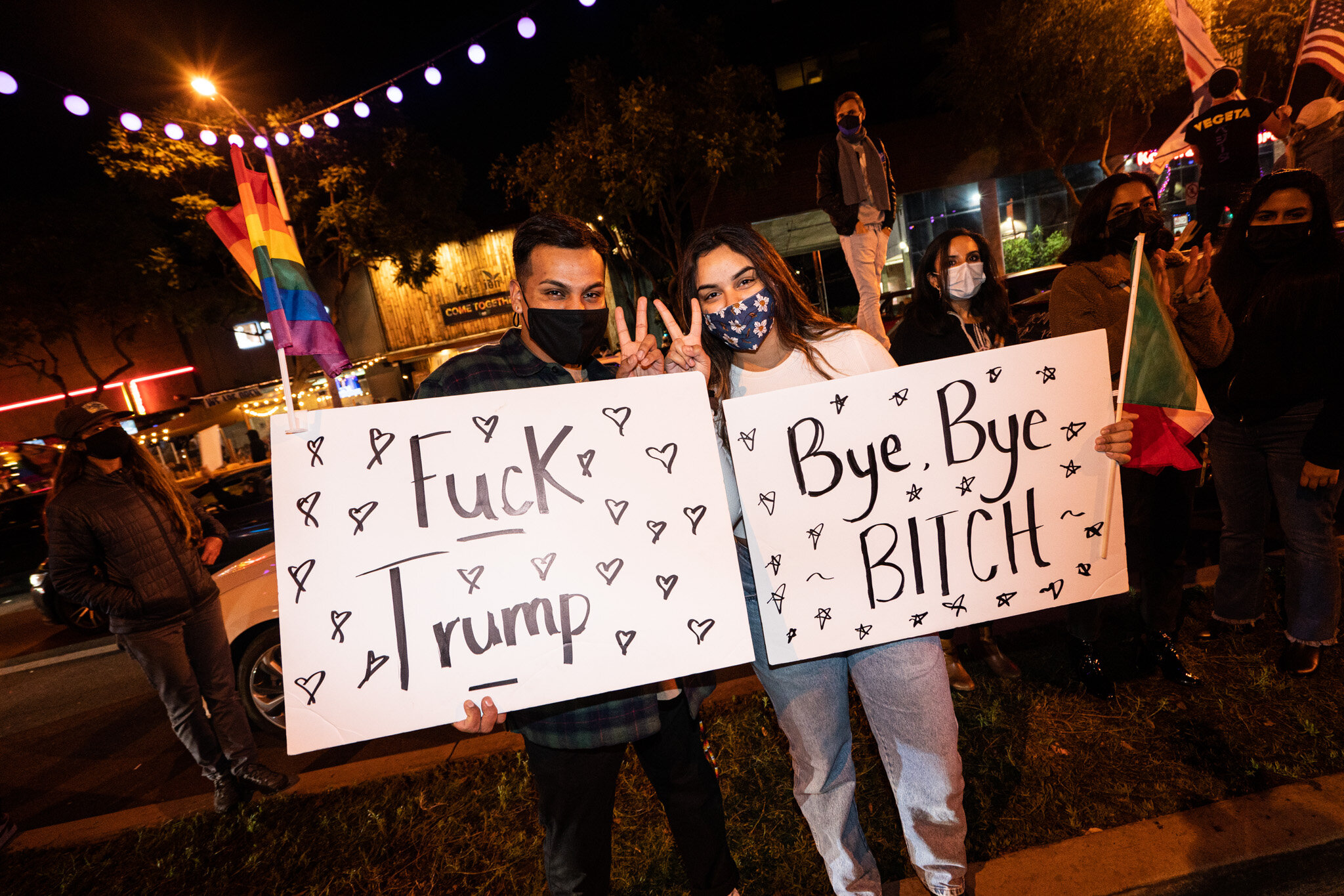  Angelenos take to the streets in West Hollywood, California, to celebrate the 2020 Presidential Election Results on November 7, 2020. 