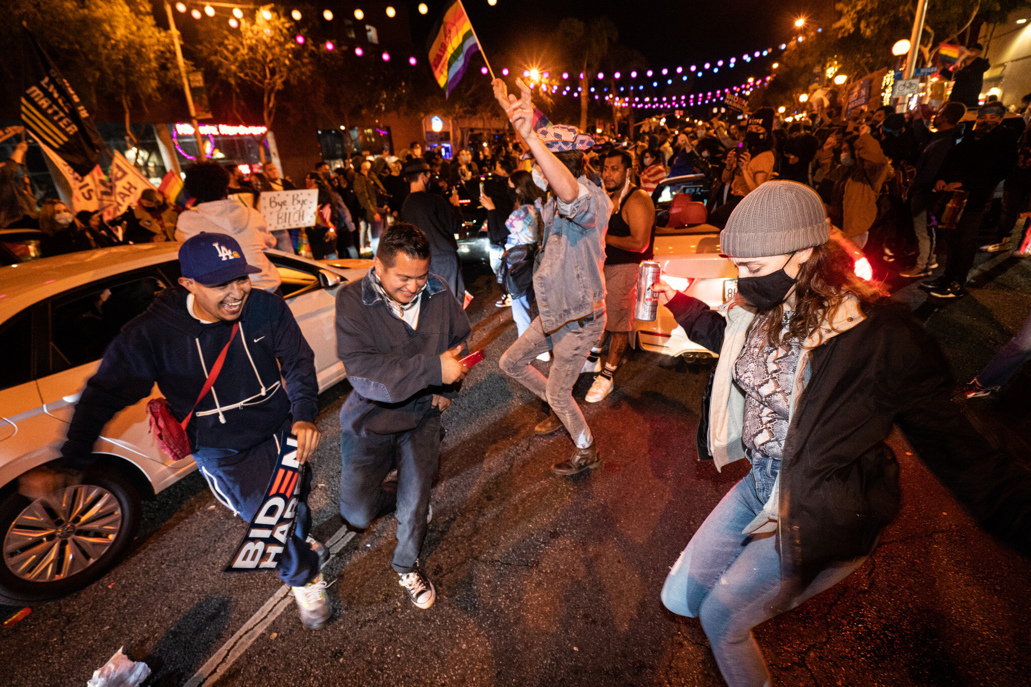  Angelenos take to the streets in West Hollywood, California, to celebrate the 2020 Presidential Election Results on November 7, 2020. 
