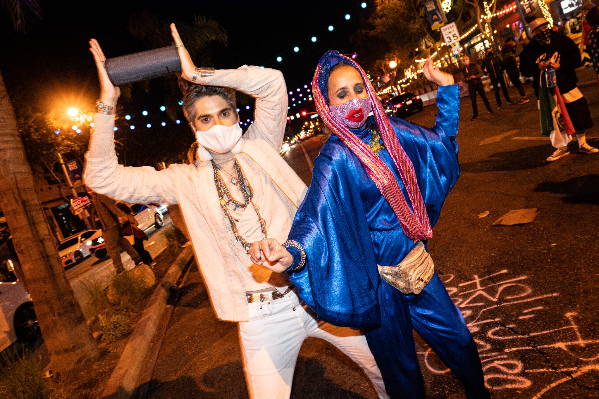  Angelenos take to the streets in West Hollywood, California, to celebrate the 2020 Presidential Election Results on November 7, 2020. 