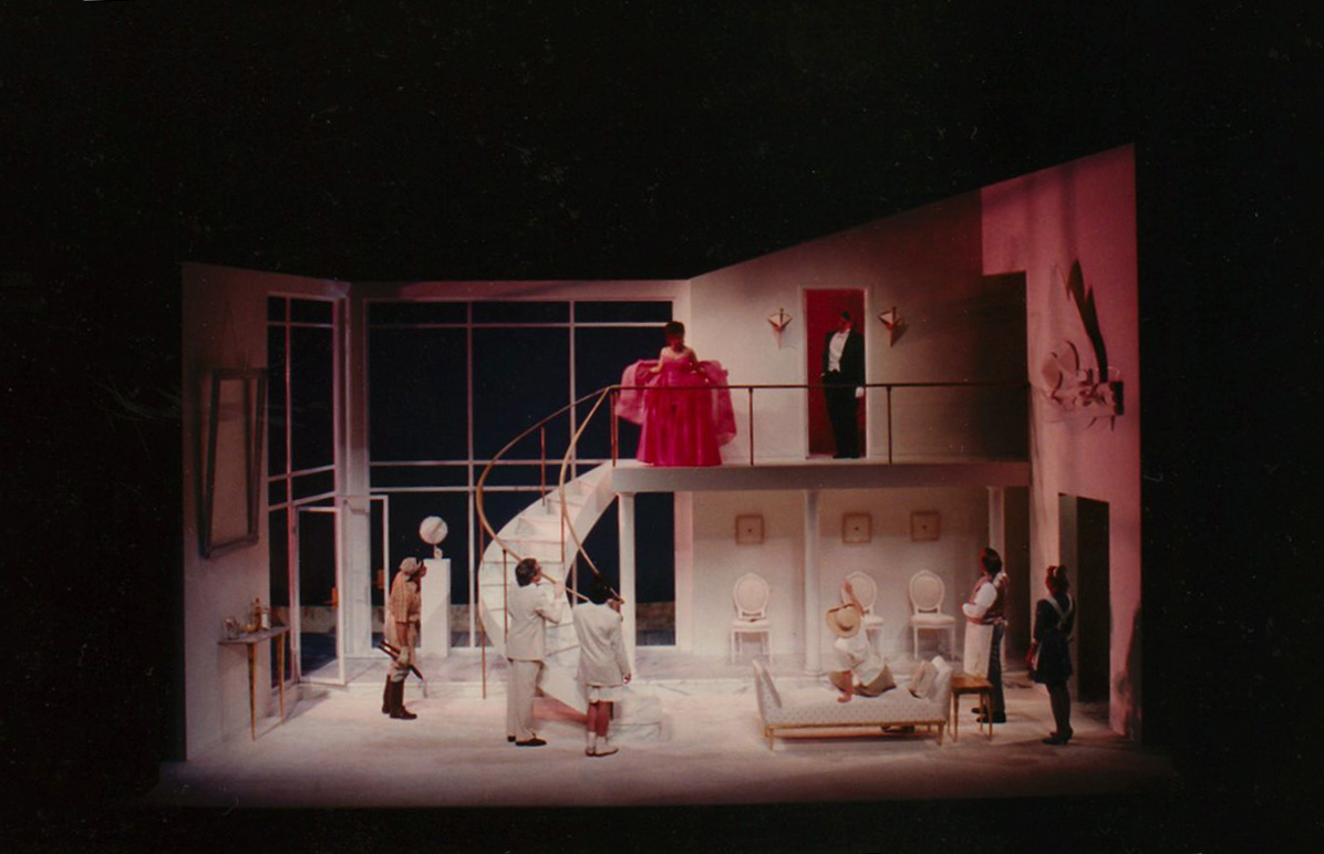 Rather than carrying Semele off to Mt. Olympus, Jupiter and the other gods descend upon Cadmus' house in the Hamptons, where her bedroom becomes her palace, changing from a stark white room to a lavish red one, complete with dragons (the sconces tha