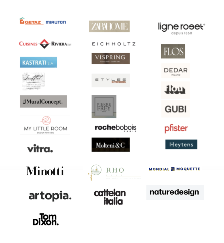 A compilation of various interior design and furniture brand logos arranged in a grid.
