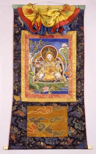 King Trisong Detson, Newark Museum (82.126), 18th century thangka with door and unusual triple cover.