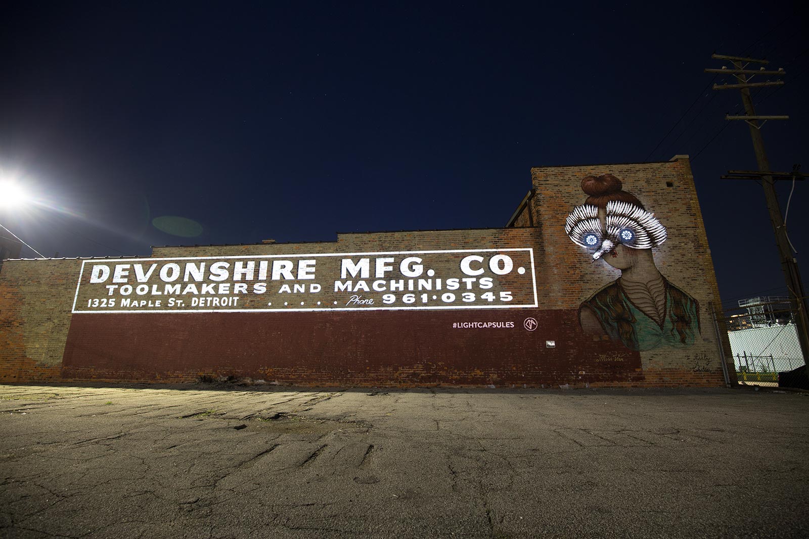 Artwork by Miss Van. Projection Mapping by Craig Winslow in Eastern Market, Detroit