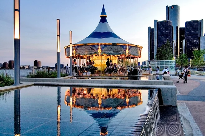 Detroit Riverfront Riverfront Take a stroll or rent a bike and ride alongside the Detroit River in one of the city’s favorite green spaces while enjoying the view of the Ambassador bridge and the historic Renaissance Center. 1340 E. Atwater St 313.566.8200 Website