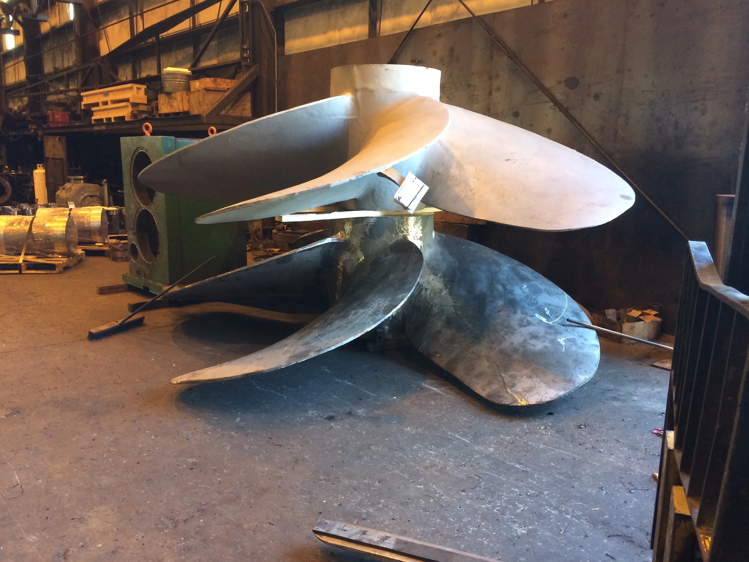Stainless steel ship propellers ready to be machined on our 22 foot diameter lathe.