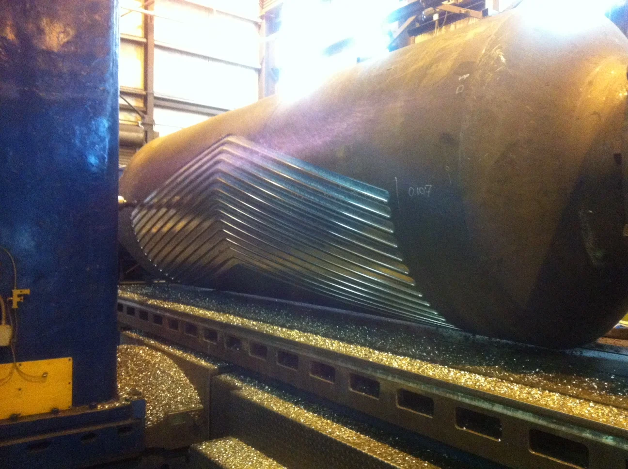 80 ton take up roll with bearing assemblies, 4 axis machining of chevron pattern.