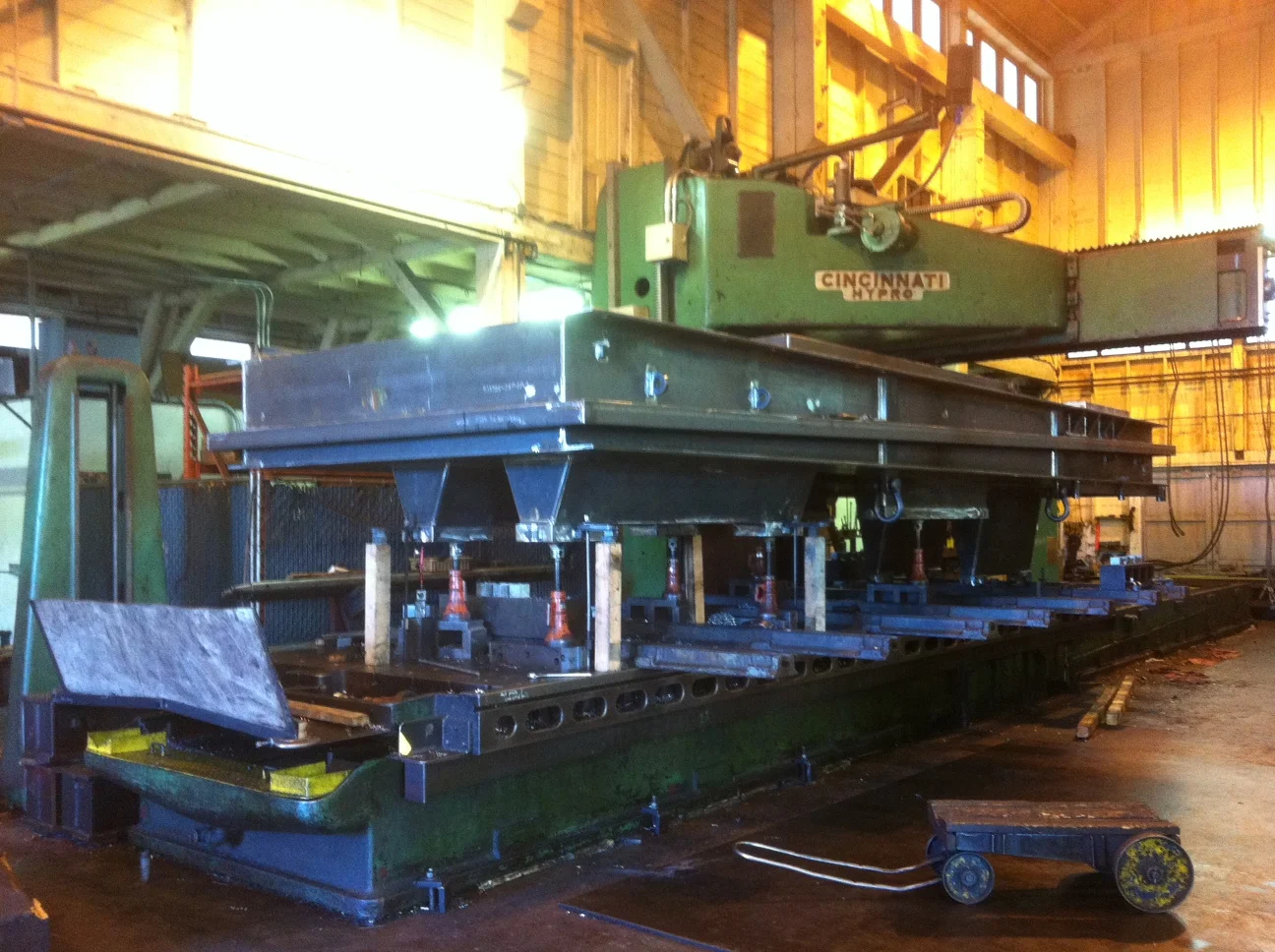 This petroleum pump base had to be inverted to machine the bottom flat, at 14' wide, this will only fit on 1 machine.