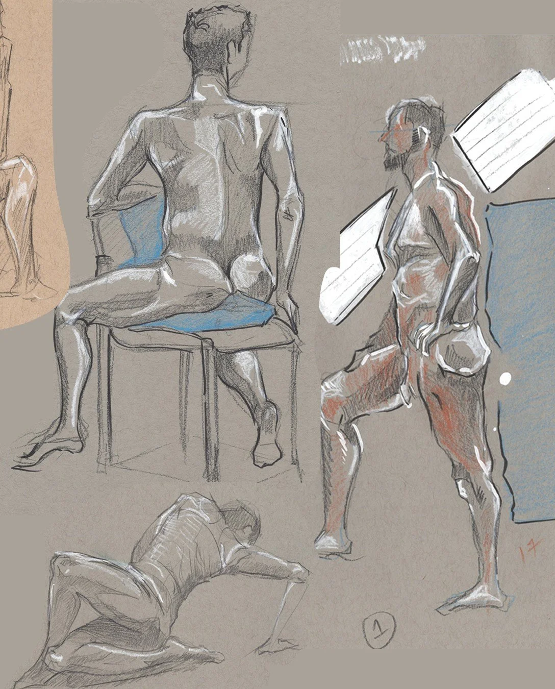 Several seated figure studies in graphite and white highlights on warm and grey paper.