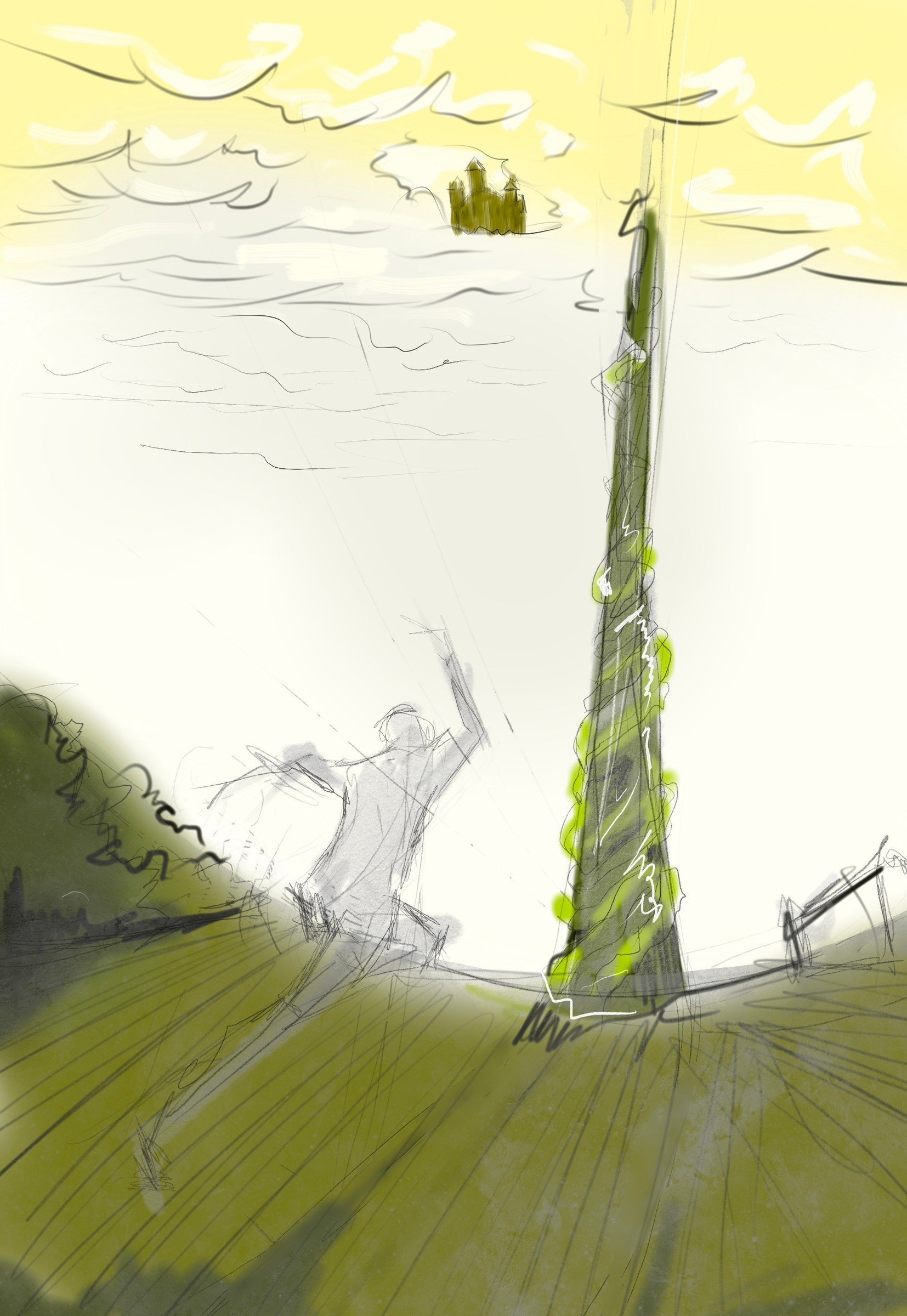 A tall narrow tower drawn in green and yellow with loose landscape marks around its base.