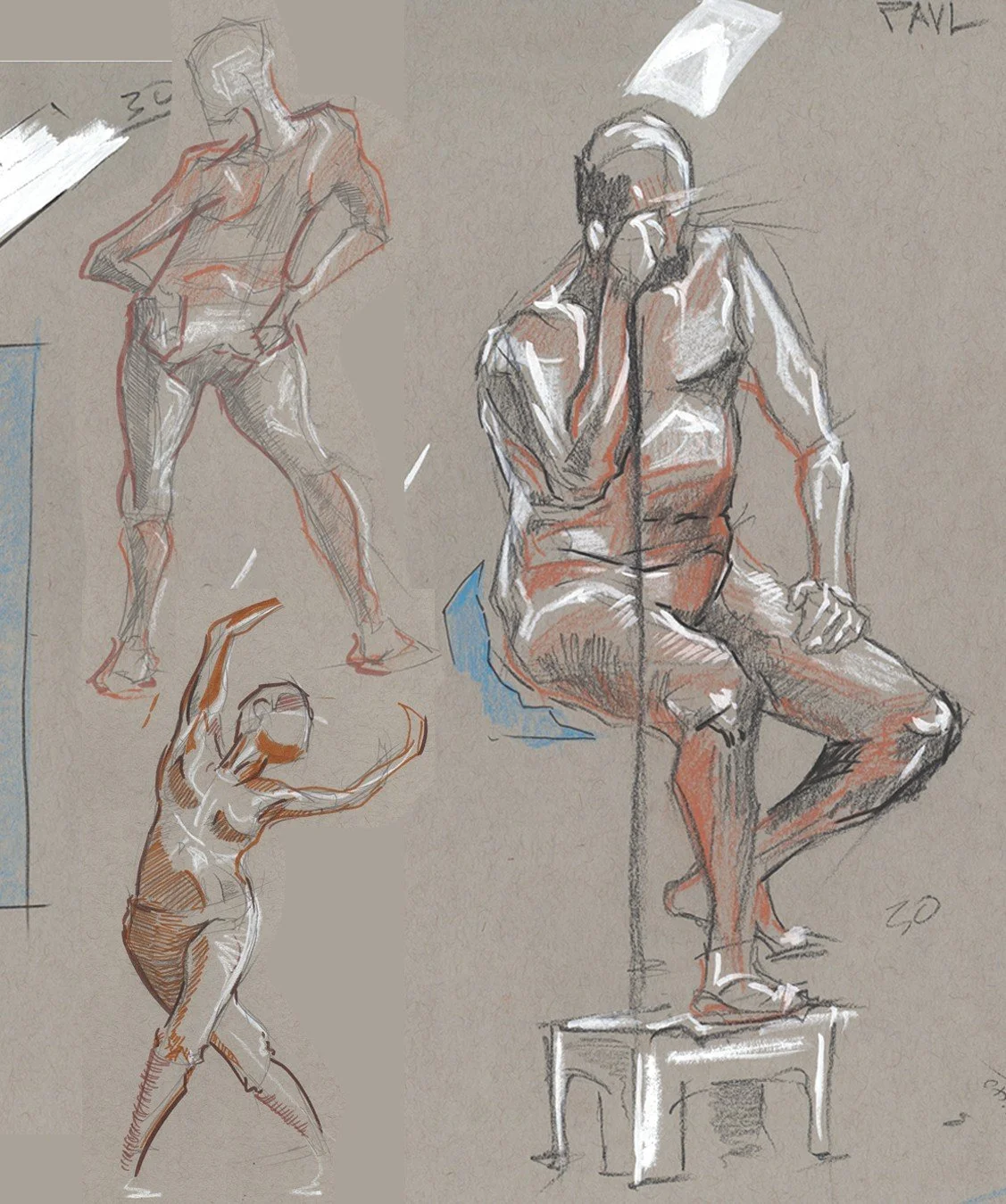 Overlapping seated and standing figure studies with warm shading and white highlights.