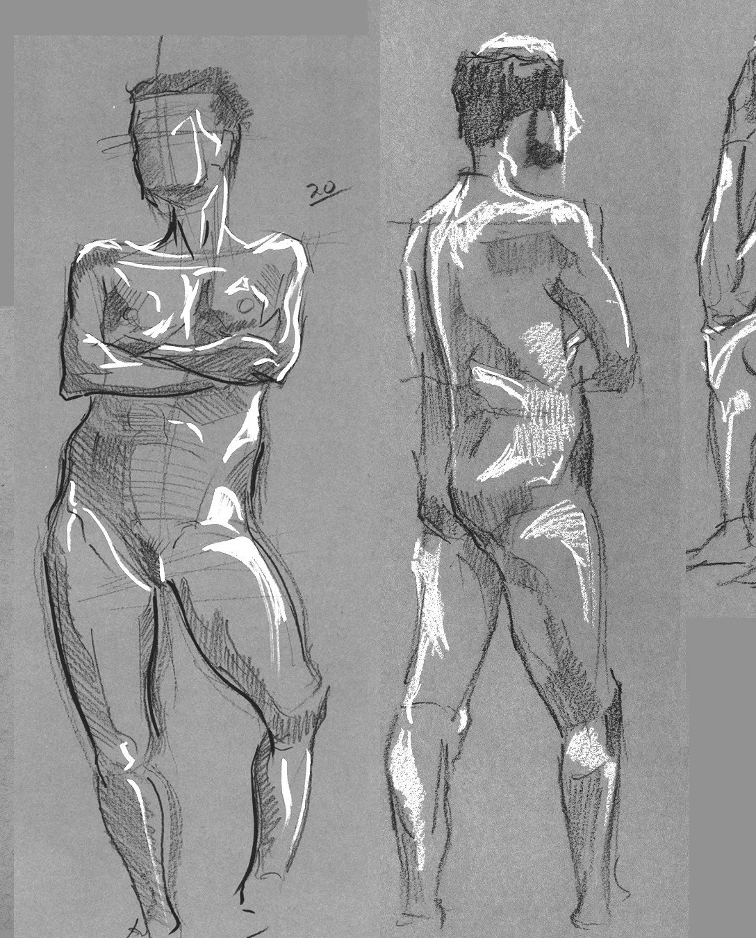 Two standing figure studies with dark outlines and white highlights on grey paper.