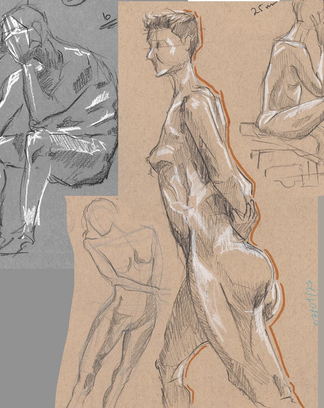 A standing figure drawn with dark and white marks on warm tan paper.