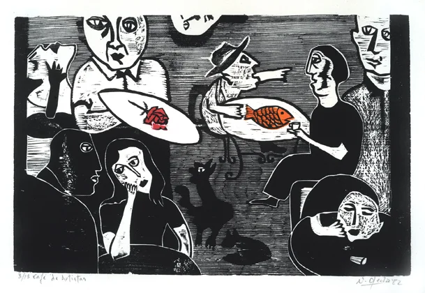 Cafe de artistas, woodblock, 1982.jpg