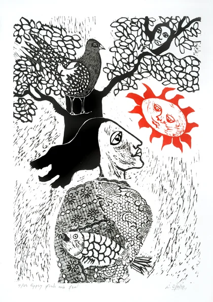 Gypsy, fish and fowl, woodblock, 1994.jpg