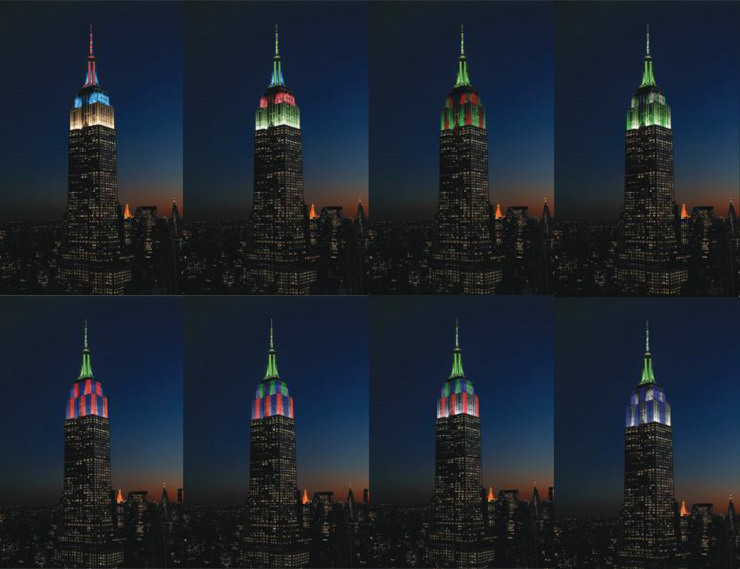 Above are the drafts for the Empire State Building Tower Lights for when The Dow celebrated its 120th anniversary on May 26, 2016. Below is the final lighting scheme that was chosen and a photo taken at the actual lighting ceremony.