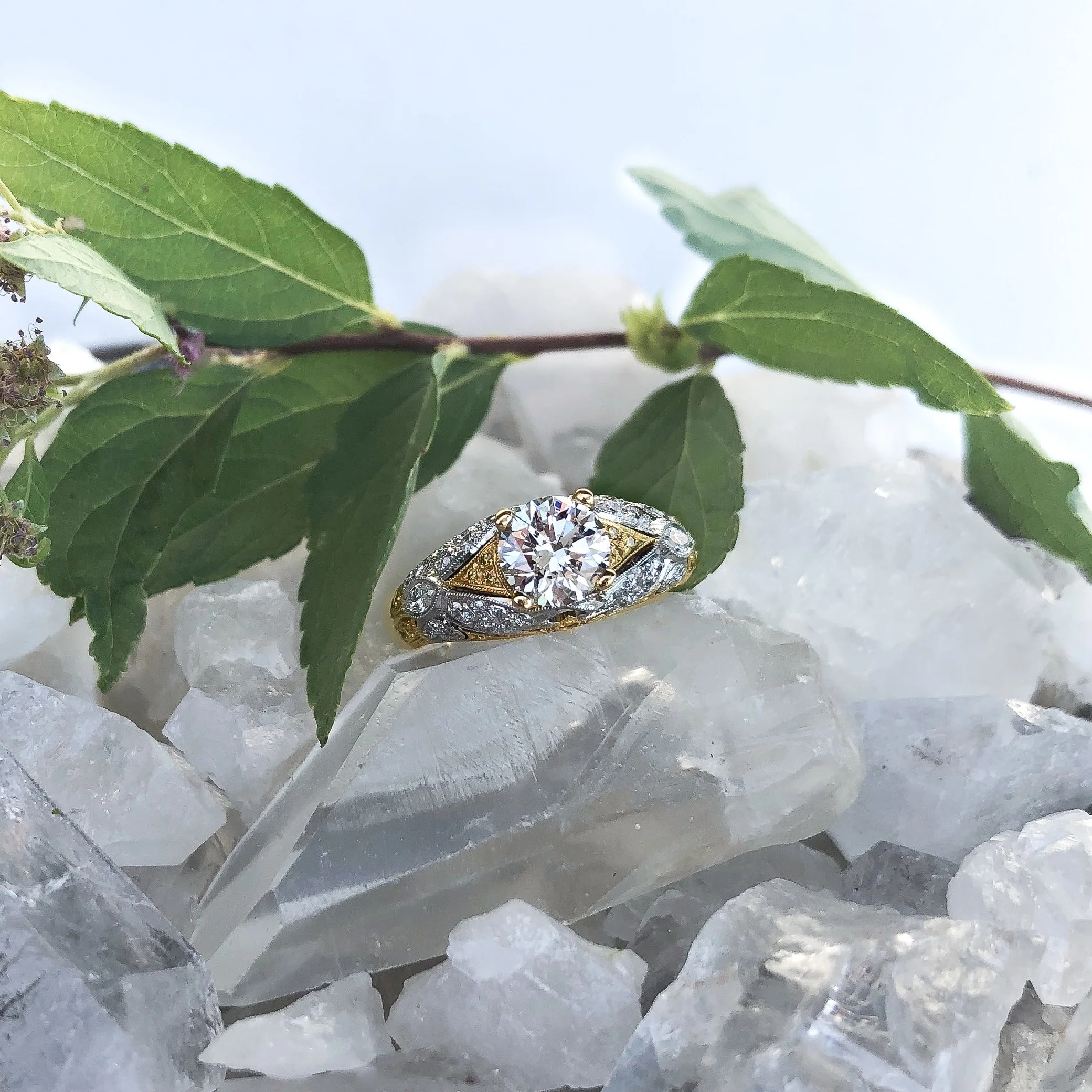#7632 18k Yellow Gold & Platinum Ring Center Diamond 1.07 SI1 White Side Diamonds .57tcw Yellow Side Diamonds .30tcw Contact Us For Pricing