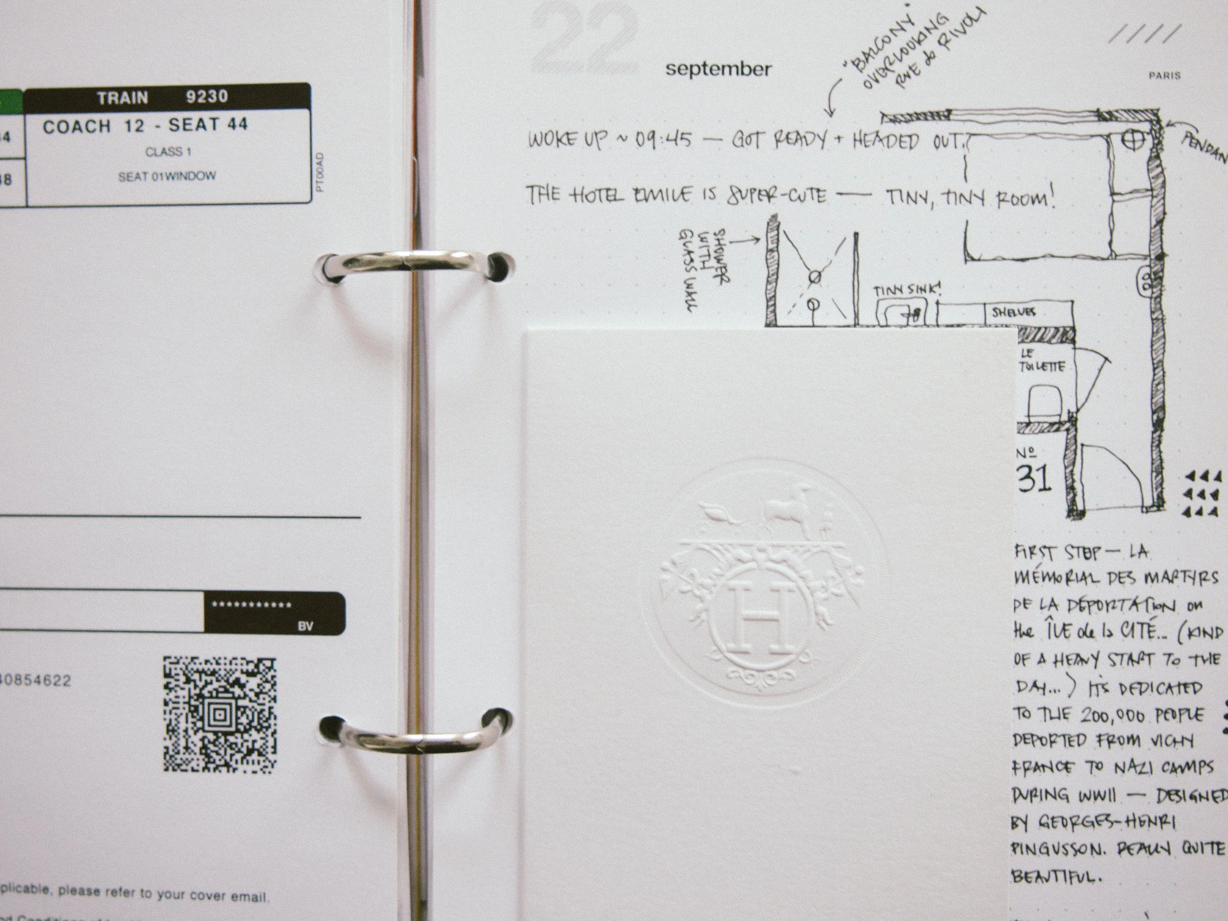 Receipts and hotel floor plan doodles — typical.