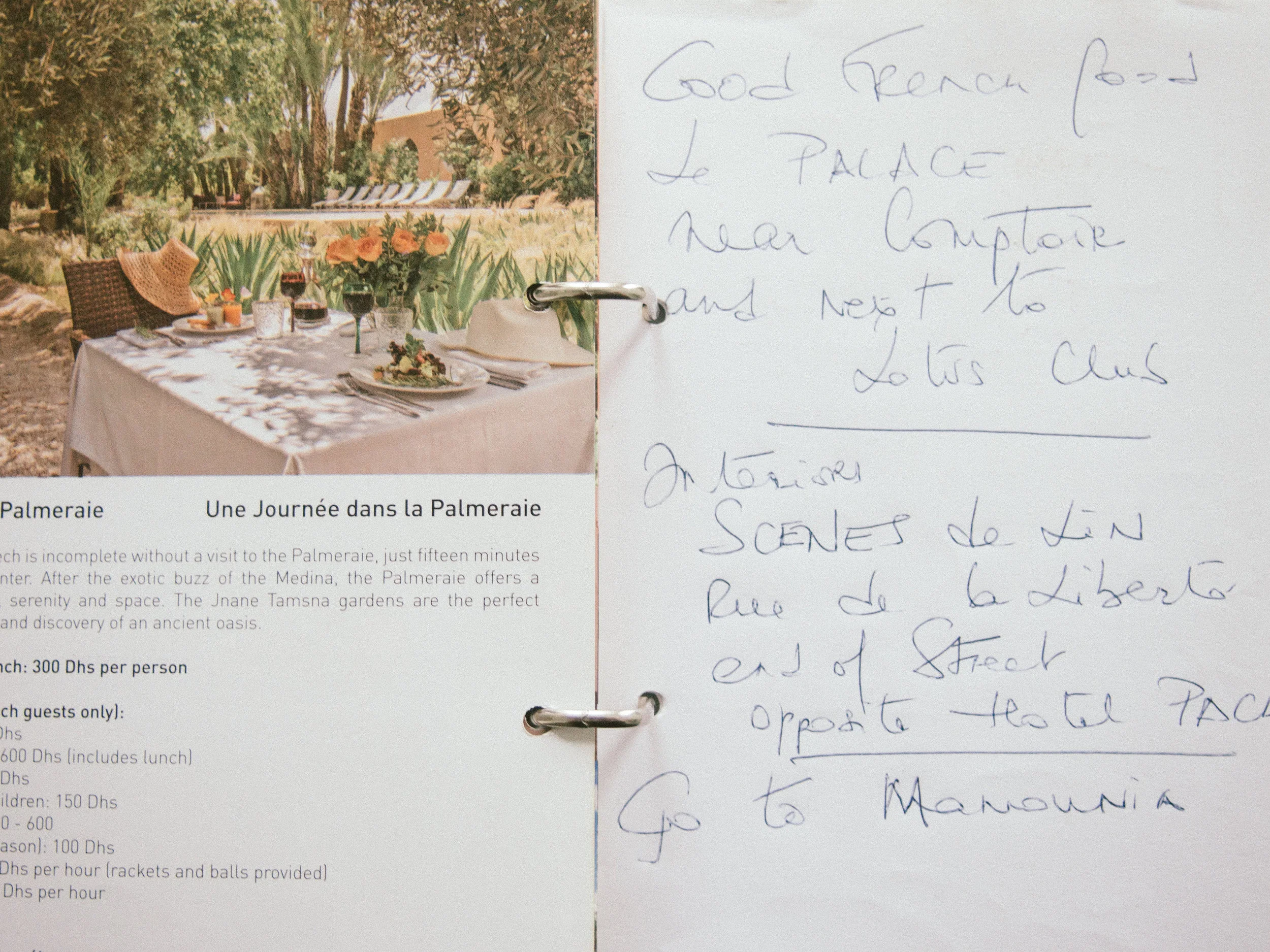 A hand-written note from the owner of Jnane Tamsna — must-go!