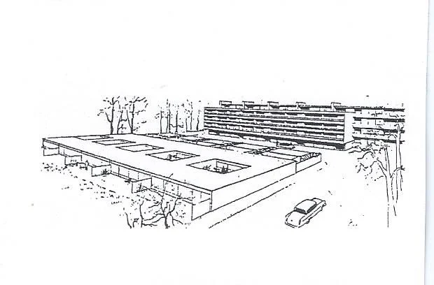 A XEROX OF A XEROX OF A XEROX OF A JACOBSEN SKETCH OF THE ATRIUM HOUSES AT VED BELLEVUE BUGT.