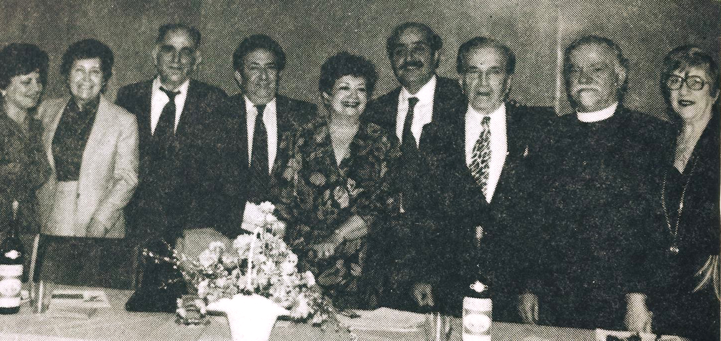 From L to R: Mrs. B. Tutor, Mrs. Kinossian, Mr. G. Kinossian, Mr. M. Nalbandian, Mrs. Hovnanian, Mr. Hovnanian, Mr. A. Tutor, and Reverend and Mrs. Shirinian