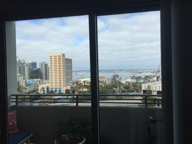 The view from June's apartment overlooking the San Diego Bay.