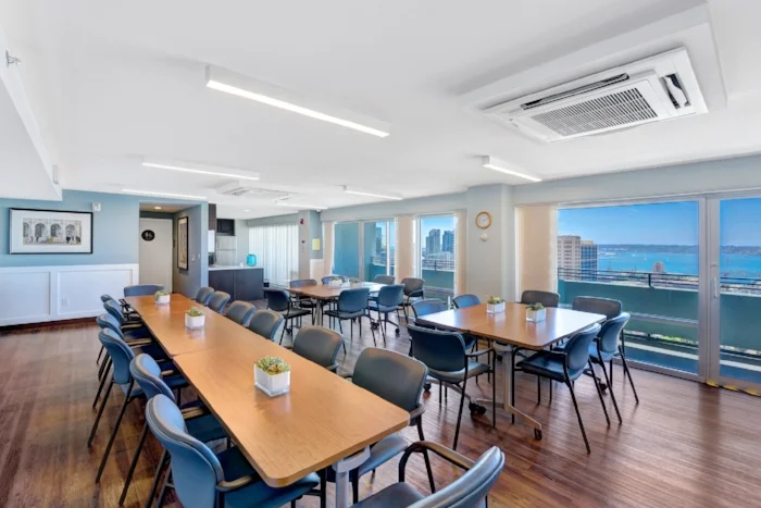 The dining room at Westminster Manor overlooking the San Diego skyline.