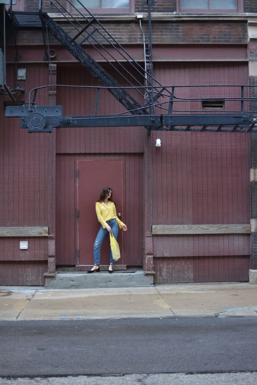 Styling A Yellow Polka Dot Button Up And Net Bag
