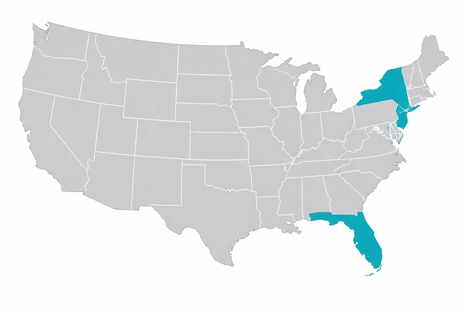 Map of USA with Fully licensed therapists in NY, NJ, Florida