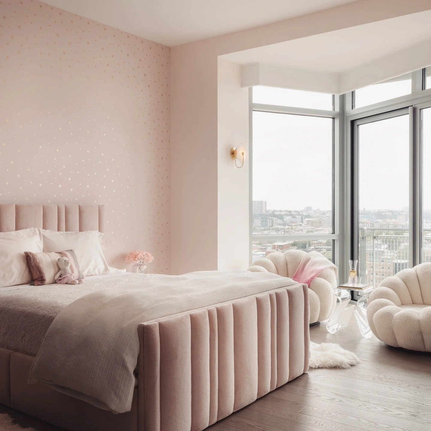 From nursery &rarr; To teenage dream - A Bedroom Glow UP🌸✨

Same room. Same girl. A completely new chapter.

We kept the blush she's always loved and redesigned everything else &mdash; custom oval-detail cabinetry, a vanity nook, open shelving, gold