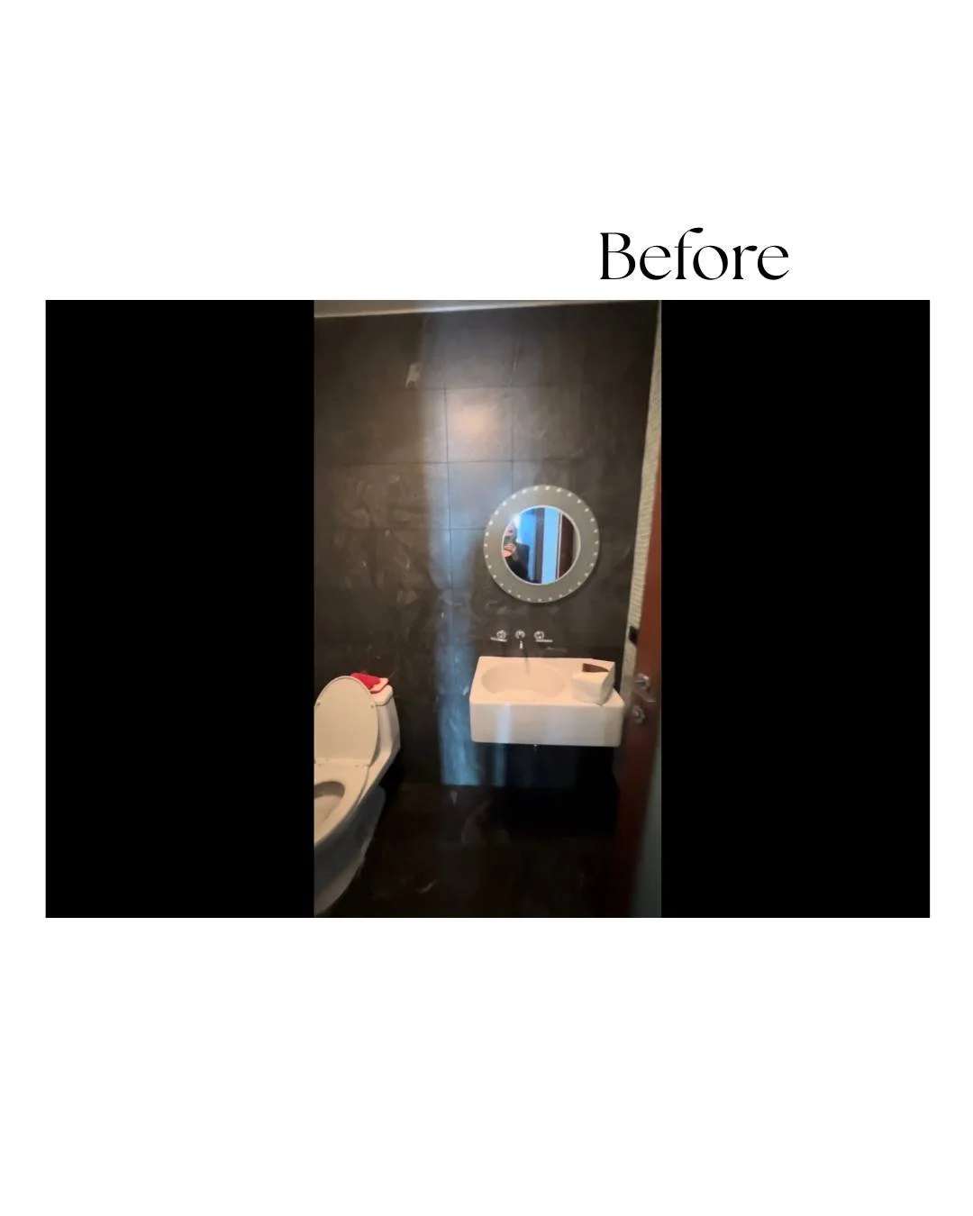 Before &rarr; After
This powder room started off dark and heavy, with large-scale tile and minimal lighting that made the space feel smaller and less inviting.
Our goal was to create something more elevated and intentional, while still working within