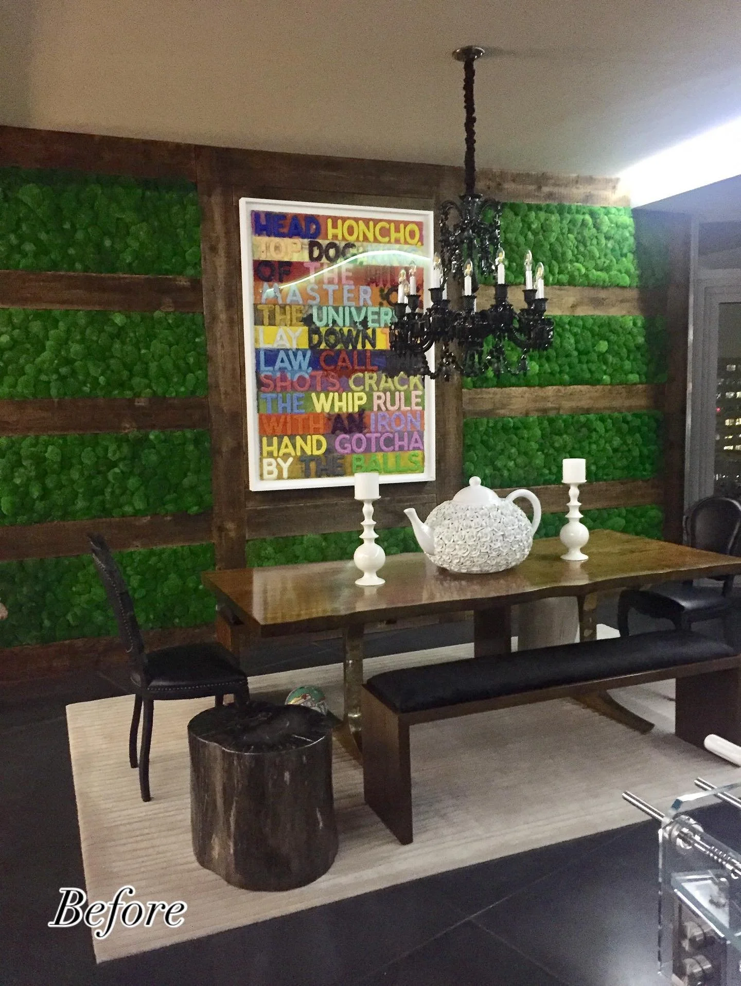 Before ➡️ After: Urban Industrial to Upscale Chic 🔥
Same original #melbochner art, entirely different vibe
Swipe to see the glow up!
We swapped moss walls and rustic textures for hand-stitched leather paneling, black lucite Medusa head accents, and 