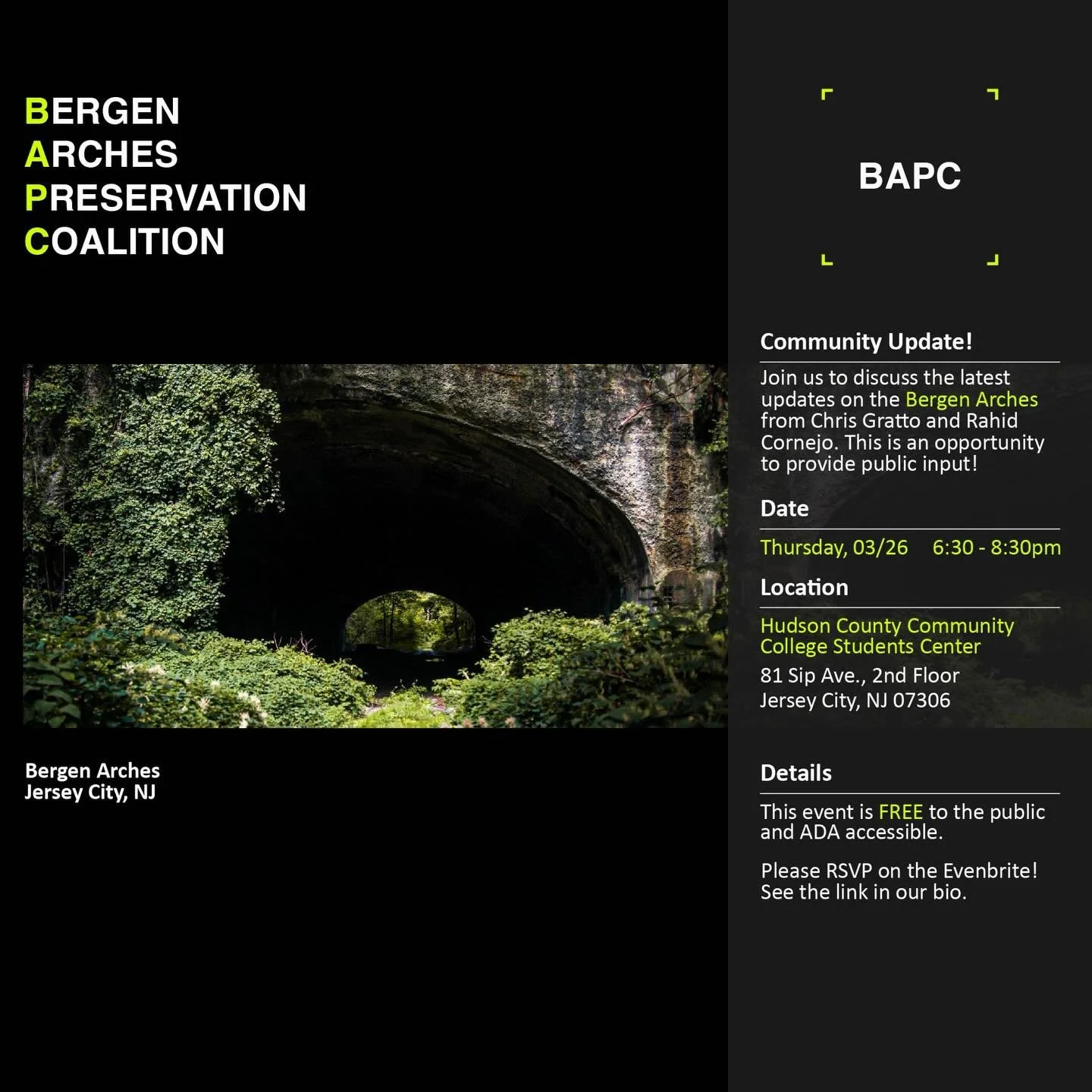 HCCC Community Event

The future of the Bergen Arches is being decided right now &mdash; and the community needs to be part of the conversation. 🌿

Join us for a community update and public discussion on the latest developments affecting the Bergen 