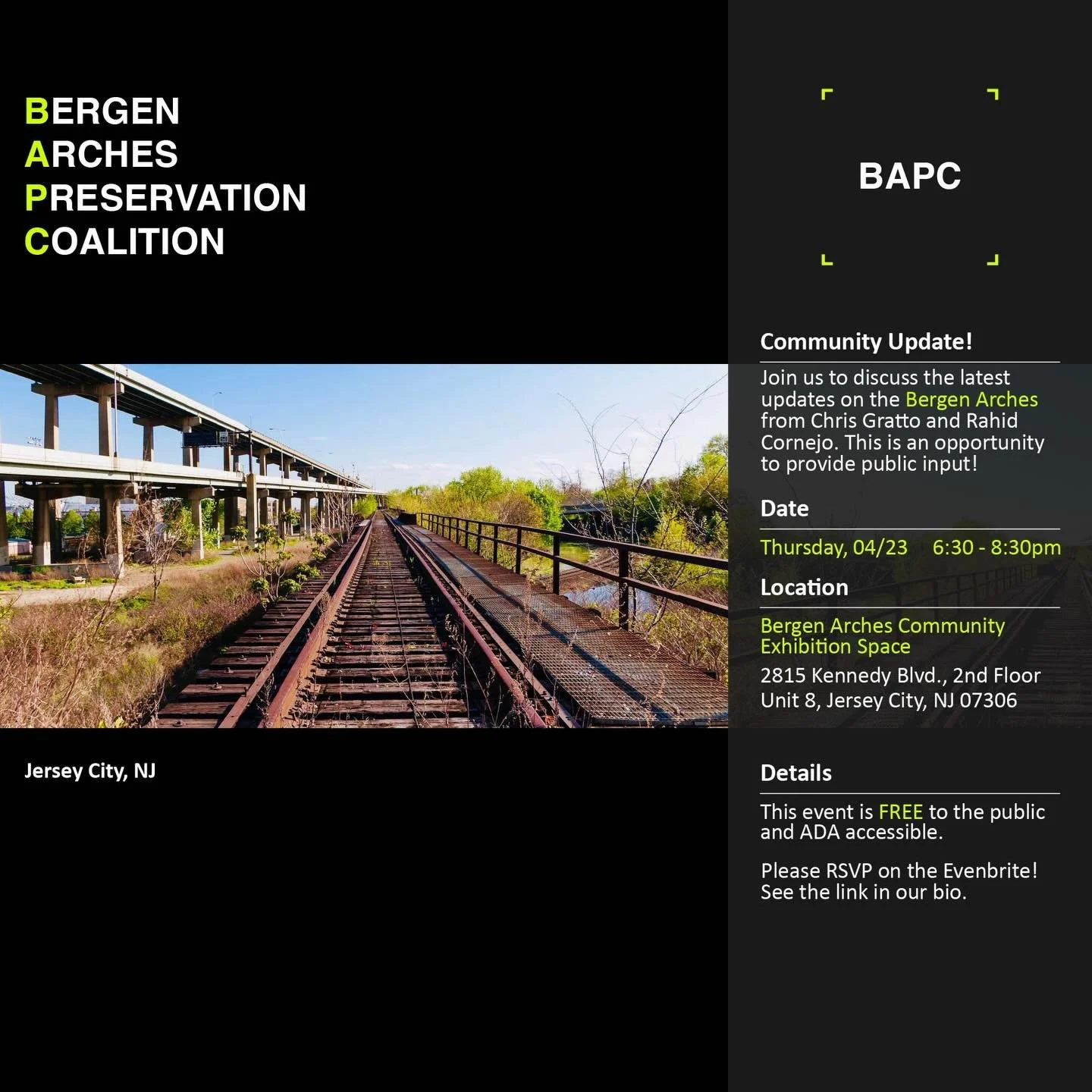 🚨 Community Update 🚨

Join us for an important conversation about the future of the Bergen Arches.

Hear the latest updates from Chris Gratto and Rahid Cornejo and share your voice&mdash;this is your chance to shape what comes next.

🗓 Thursday, A