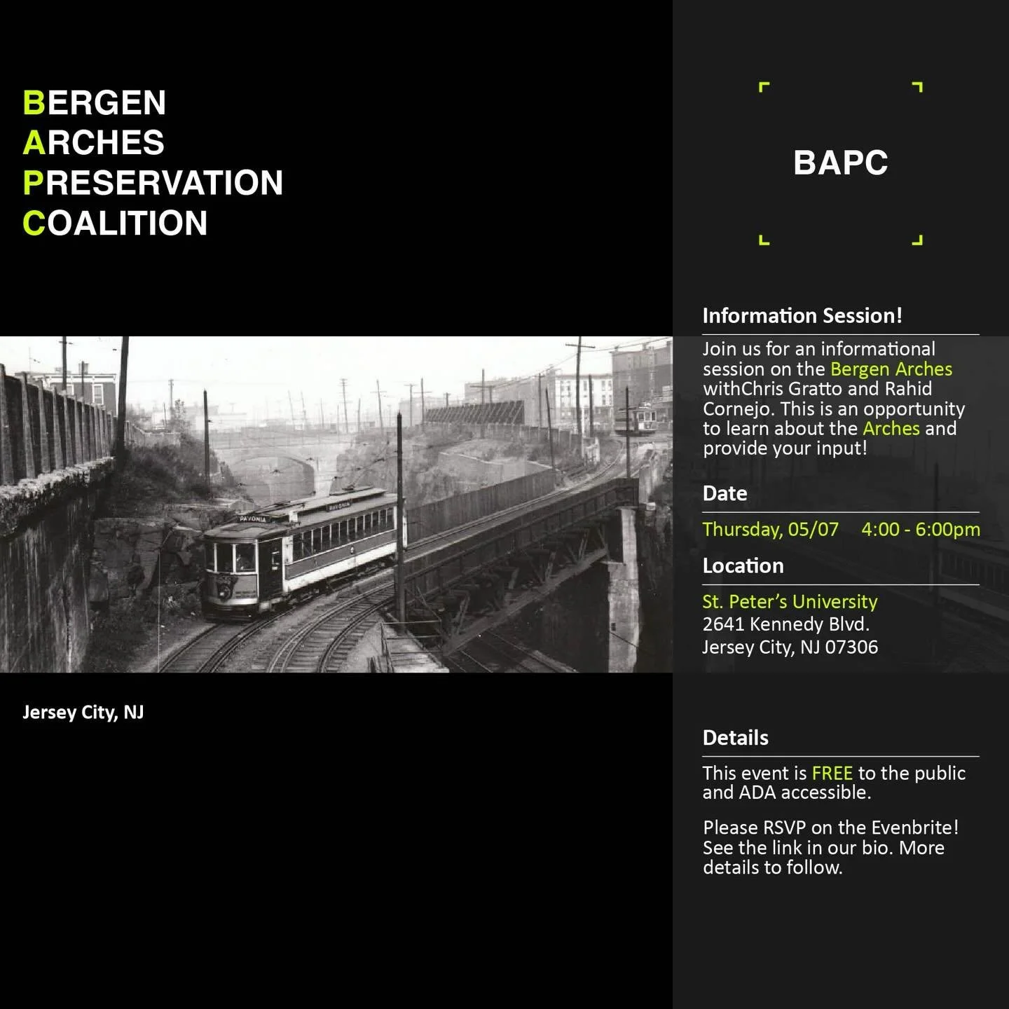 Join us for a Bergen Arches Information Session hosted by the Bergen Arches Preservation Coalition (BAPC)!

Come learn about the Bergen Arches, explore its history and potential, and share your ideas for how this unique space can serve the community.