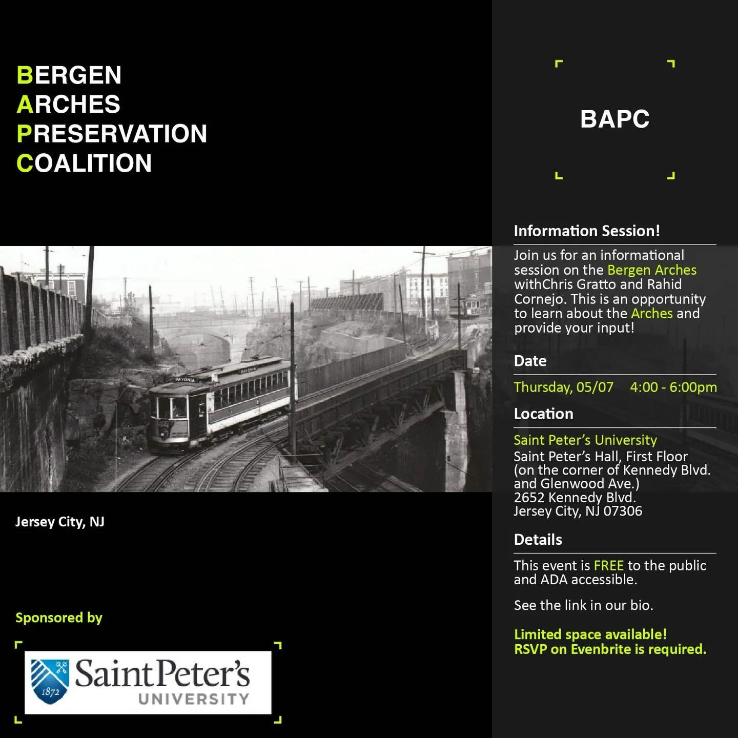 Come learn about the Bergen Arches, explore its history and potential, and share your ideas for how this unique space can serve the community. This is your chance to be part of the conversation and help shape its future.

📍 St. Peter&rsquo;s Univers