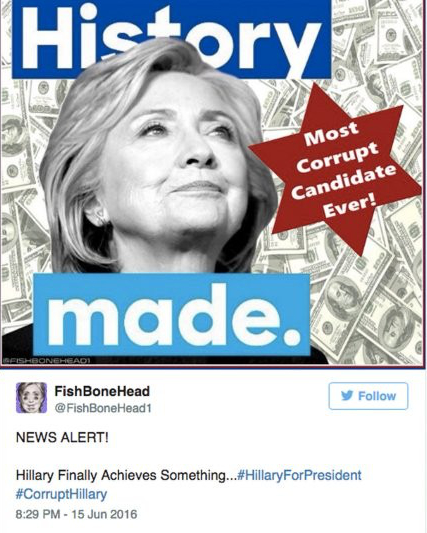 The original tweet from the source of the image on June 15, 2016. FishBoneHead tweeted many images with racist and anti-Semitic overtones. Article: Donald Trump’s ‘Star of David’ tweet: a recap