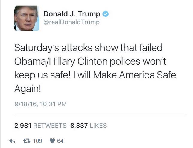 Trump's take on the bombings in Manhattan and NJ. Article: Trump Deletes Tweet Hitting Obama, Clinton Over Weekend Attacks