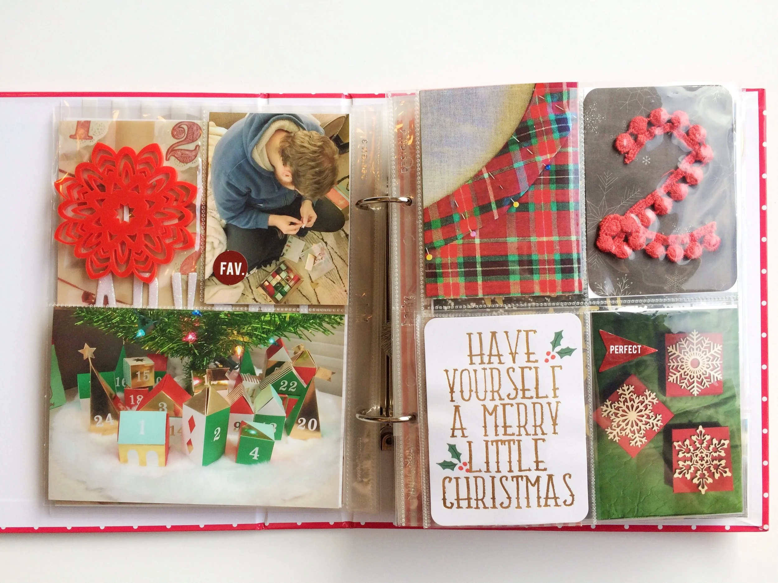 For day 2 I chose to document the story of making gifts for my mom this year instead of buying them. To break up the page I added a flip up pocket to conceal the journaling under the "Have Yourself A Merry Little Christmas" 3x4. 