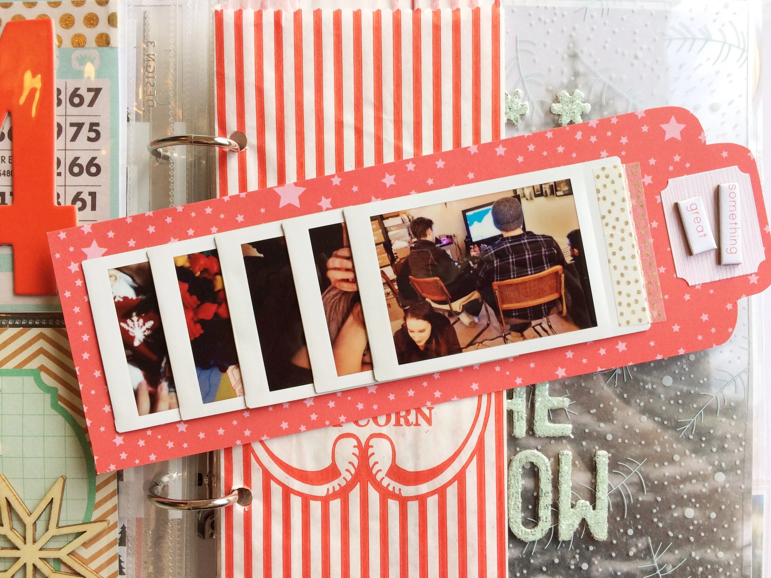 I love interactive elements, so this one is really fun for me. Each picture is printed as an Instax photo and then taped with washi along the bigger bottom edge. (I printed the photos upside down so I could use the bigger edge to secure them to the page). 
