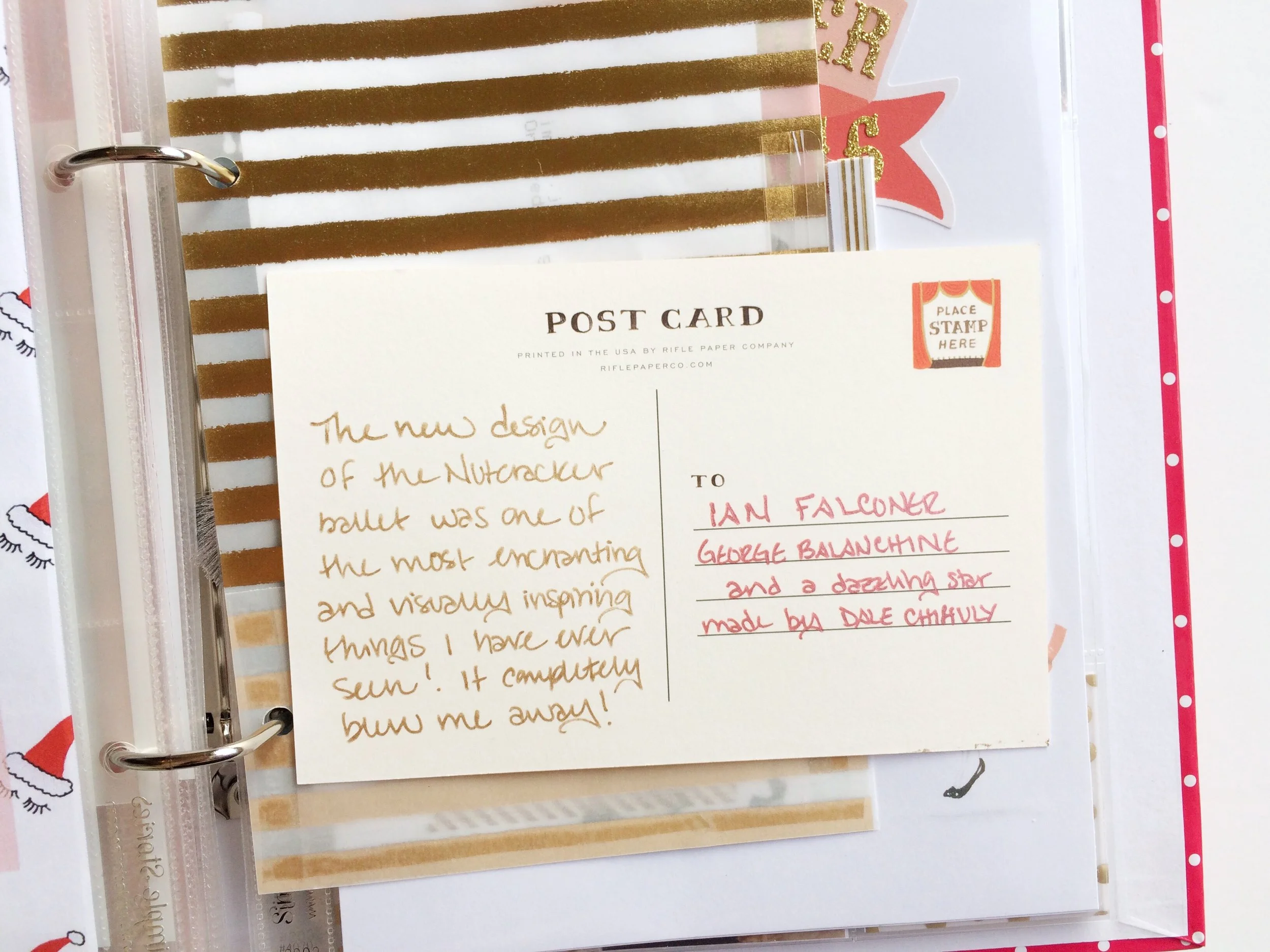 I used the back of the postcard as my journaling spot for the nutcracker story of day ten. 