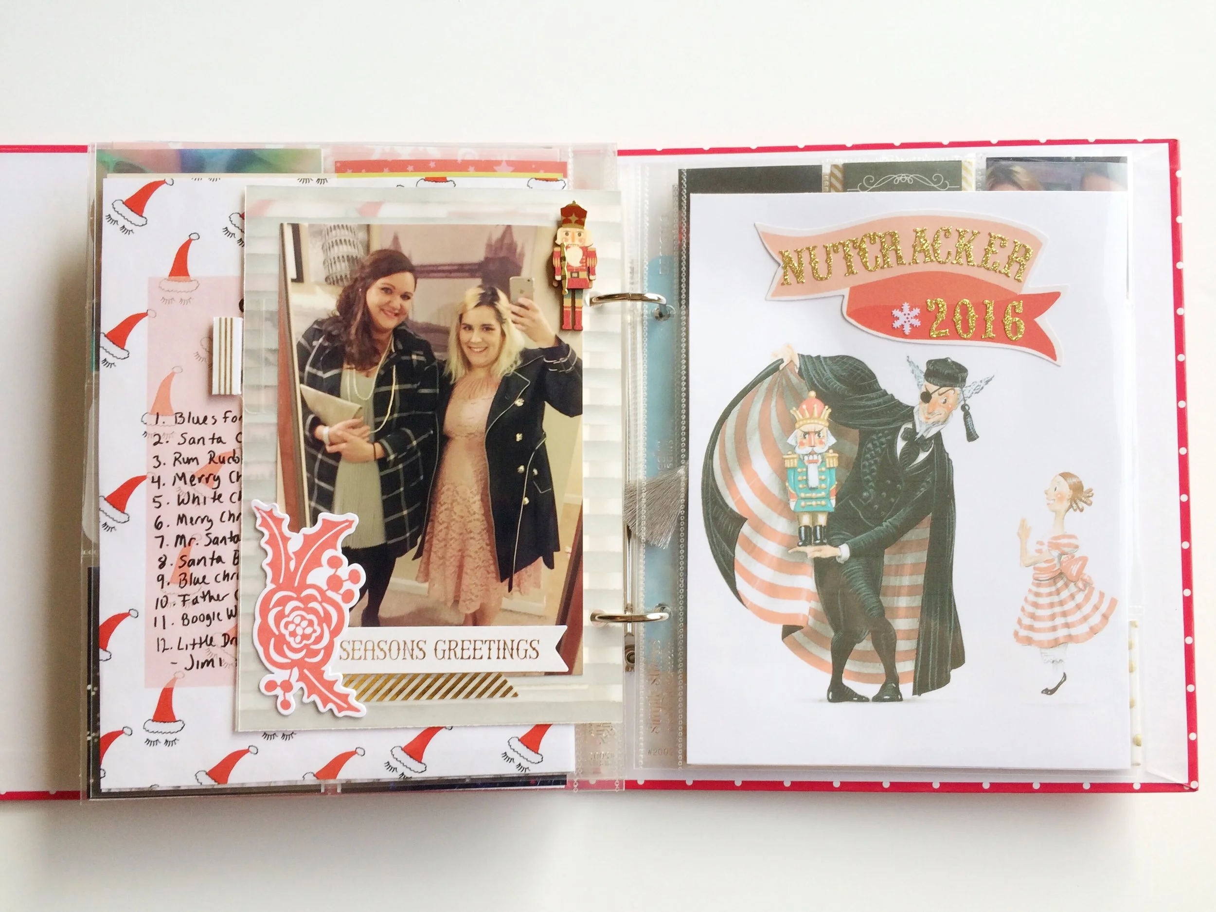 On the backside of the vellum pocket divider I attached a 4x6 photo of us all dressed up and ready for the ballet. I then included a 6x8 print out of one of Ian Falconers illustrations for the new rendition of the PNB Nutcracker. I like that the illustration theme carries out across all of these various elements. 
