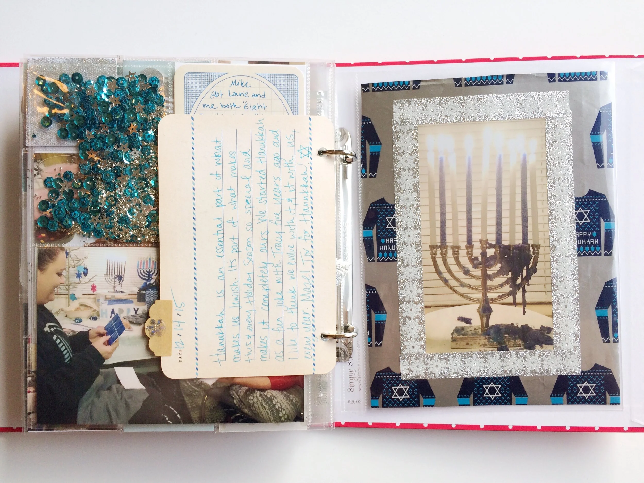 I punched holes in a 4x6 journal card and added it in as a place for Laurie and I to both share some of the reasons why we love Hanukkah. 