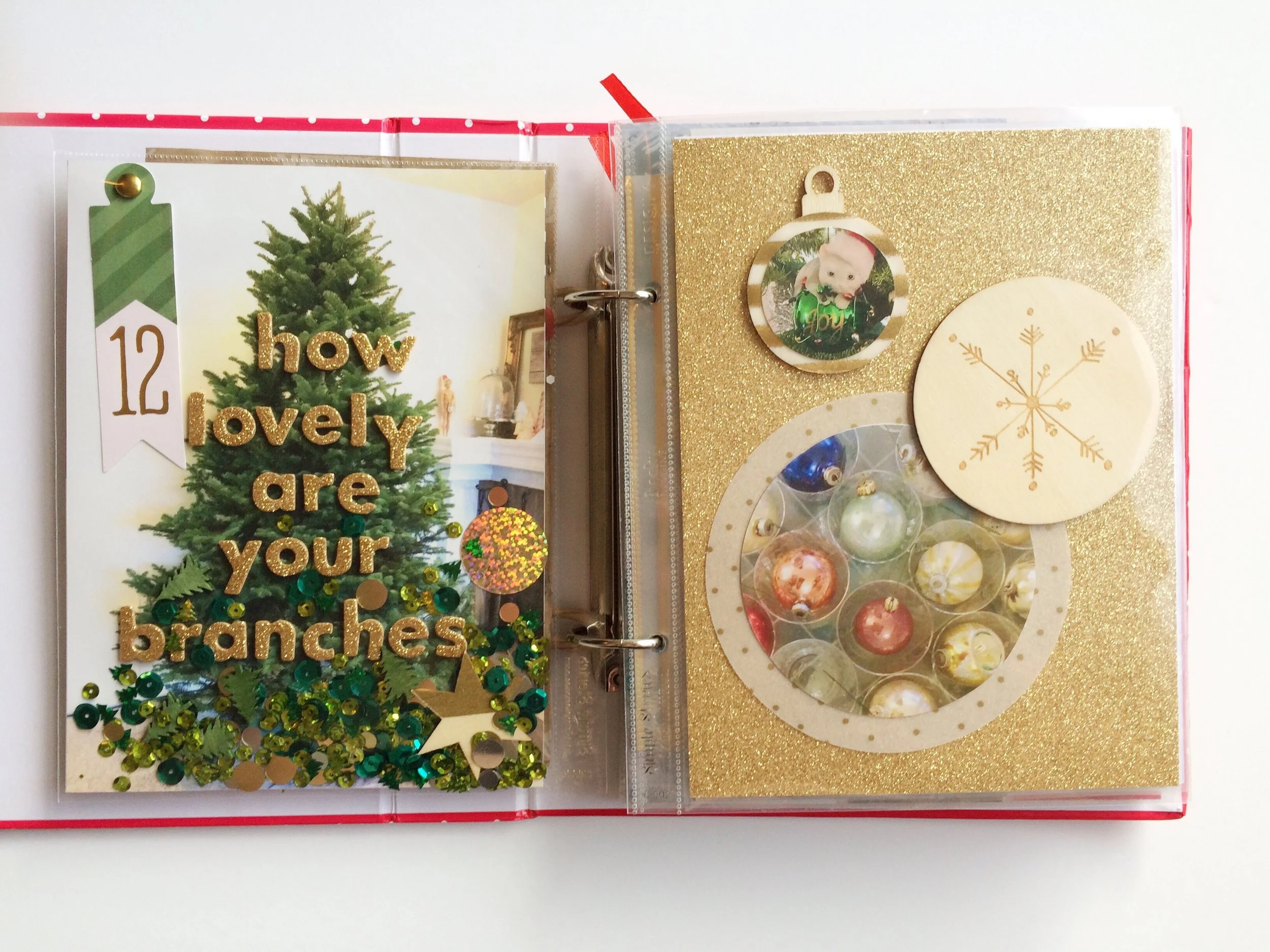 Day 12 is all about decorating the Christmas tree! I had a few different visions for this set of pages and what I hoped to do. I knew I wanted to include multiple photos by cutting them down into circles, and I knew I wanted it to have a lot of sparkle and confetti, but what I had in mind was a little different from this version. I really enjoy how it turned out though, especially the quote on top of the tree and all the chunky glitter and loose embellishments. 