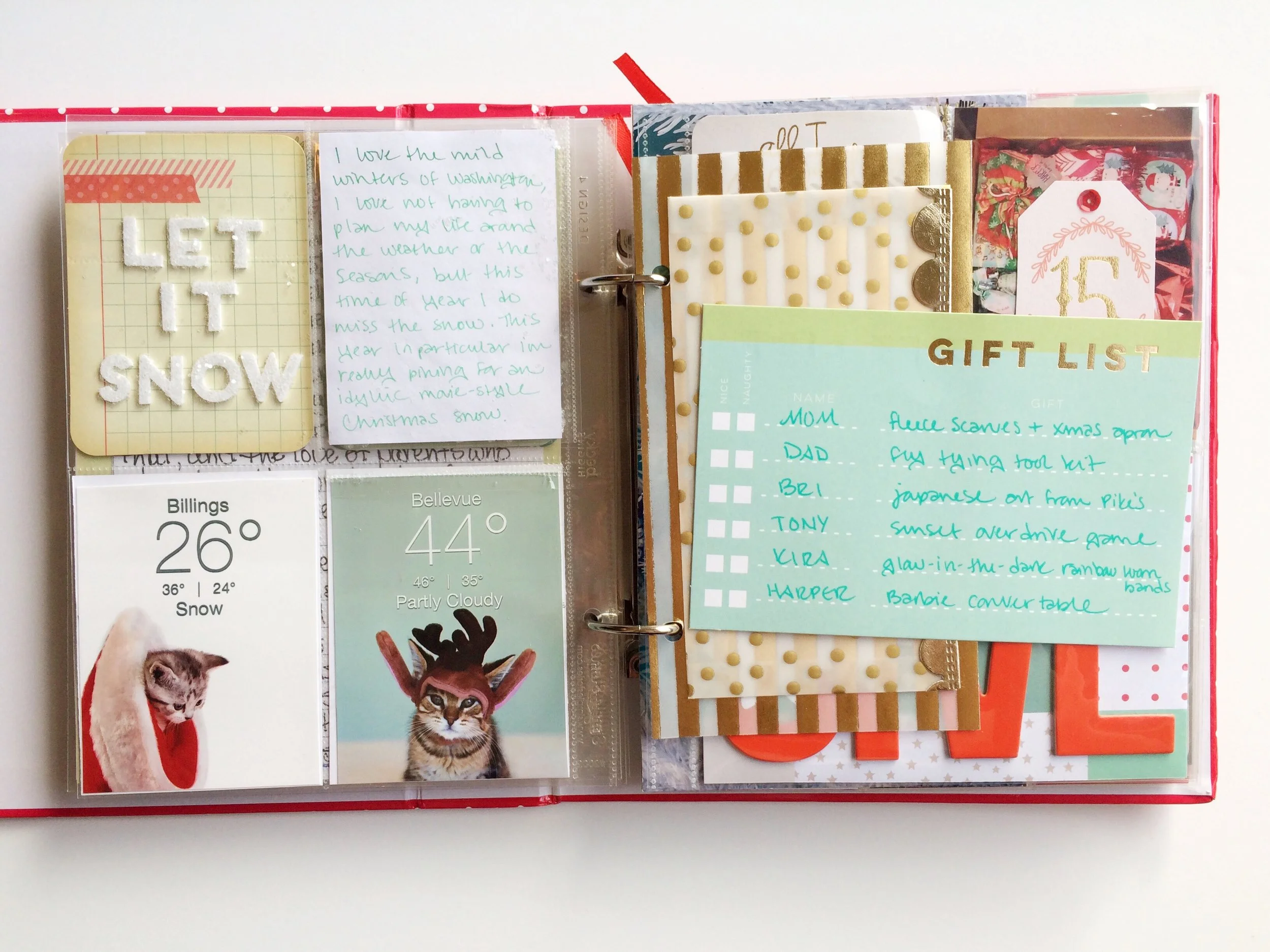 I also added another flip up pocket to journal under. The glitter on the front side is glued on for the most part, but being able to seal it into a contained pocket is a nice assurance that the whole album wont be covered in glitter with one wrong move. I also used a Studio Calico 4x6 journal card to make a list of the bigger gifts I sent to my family. The flip side is the same thing but with gifts for my boyfriend and bestie. 