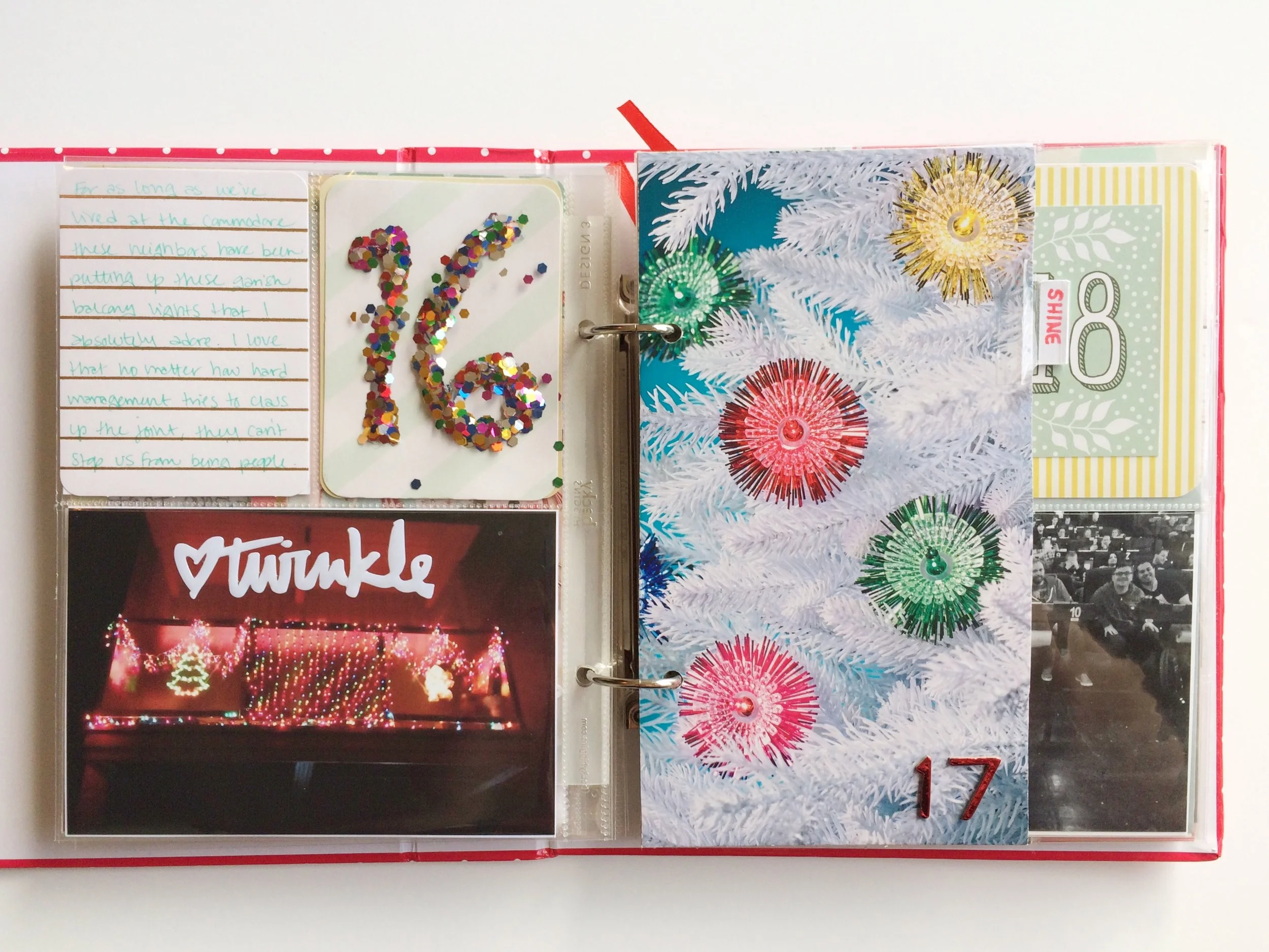 I saw a cute idea on Pinterest where someone had created their own cake topper numbers out of hot glue and confetti and knew I wanted to try that technique in my album at some point. It was both a fun and frustrating experiment, but I think the outcome is definitely worth it. I used the chunky sparkles to highlight the story of the crazy lights my neighbors put up on their balcony every year. It wouldn't be Christmas to me without getting to come home every day to this overly festive balcony. Christmas in the city!