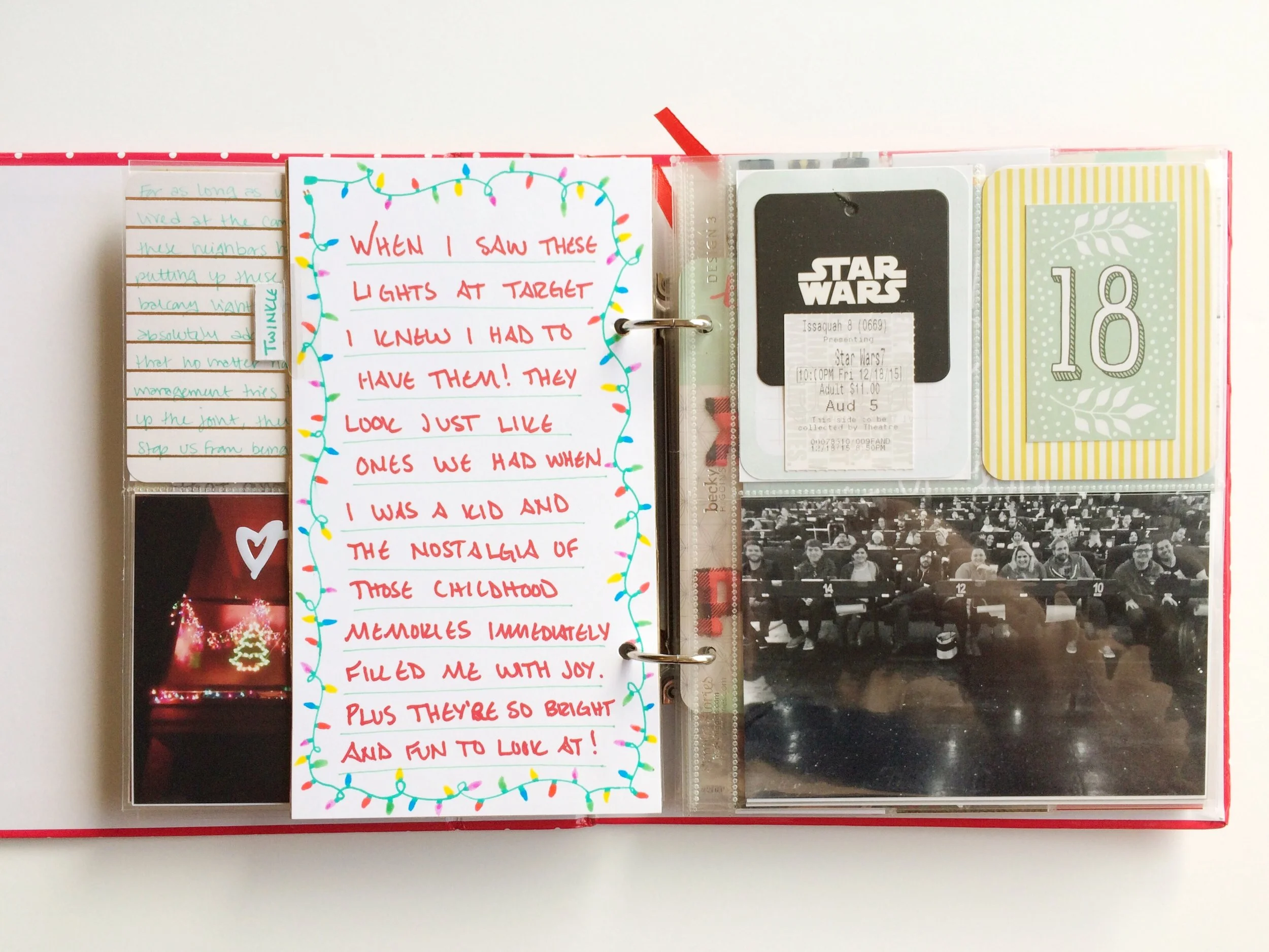 For day 17 I used the box from a new set of lights we purchased this year to create a divider page. I cut the box down using a box cutter and attached card stock onto the back that I could write and draw directly on. The 18th was all about seeing the new Star Wars movie, of course! We were the nerds in the front row with all of our friends, probably laughing and crying the hardest. 
