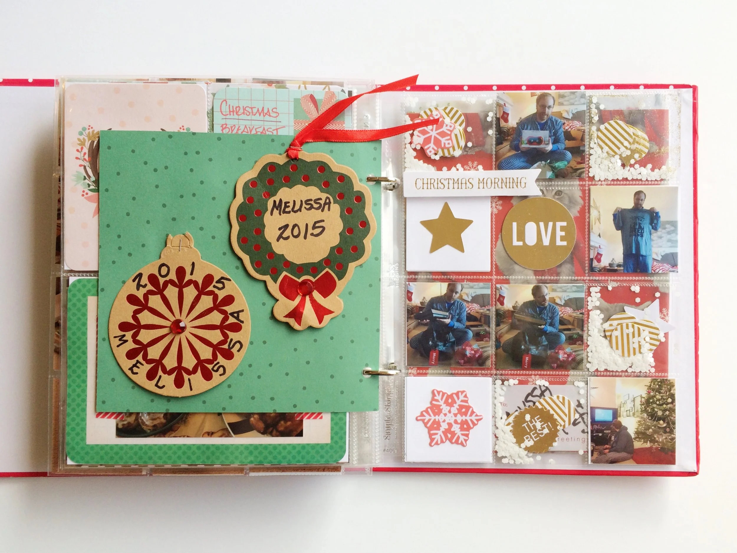 On the back of the Christmas 6x6 I attached a couple of the gift tags I had saved from gifts my parents sent me. They're stapled at the top so I can flip the tags over and see the messages from my mom on the back. 