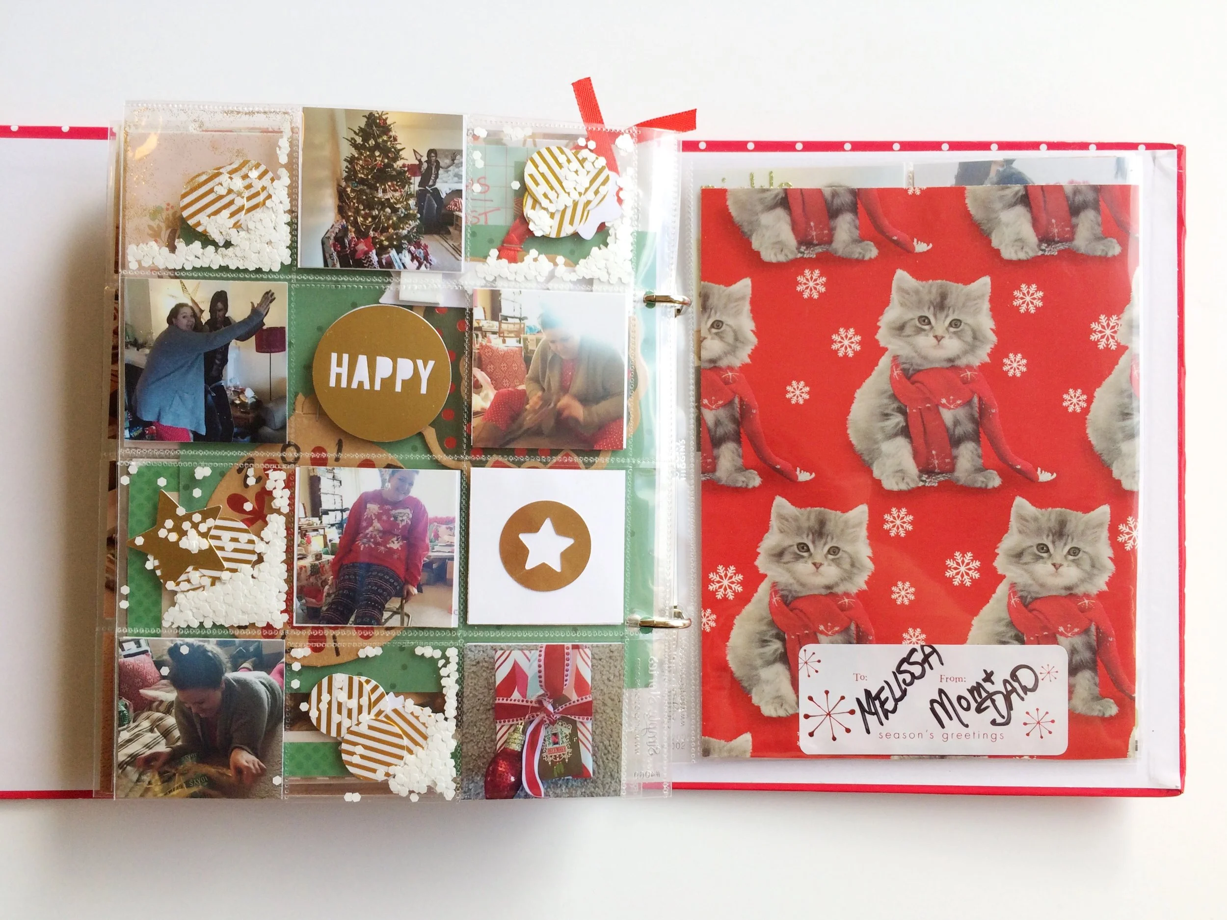 The Christmas morning 2x2 page is one of my favorites in the album. I knew I wanted to include a variety of photos from us opening gifts that morning, but I didn't want to fill pages full of really similar images, so I made one side for Mike and one side for Laurie and then filled in the blank spaces with a cohesive white and gold color scheme to tie it all together. The cat wrapping on the right was my absolute favorite, so I had to include a section. 