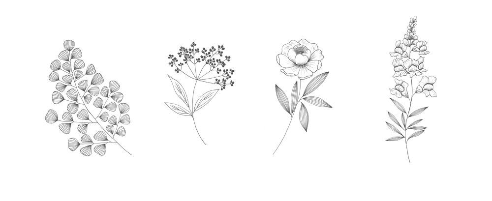 Maidenhair fern, elderberry, peony and snapdragon.